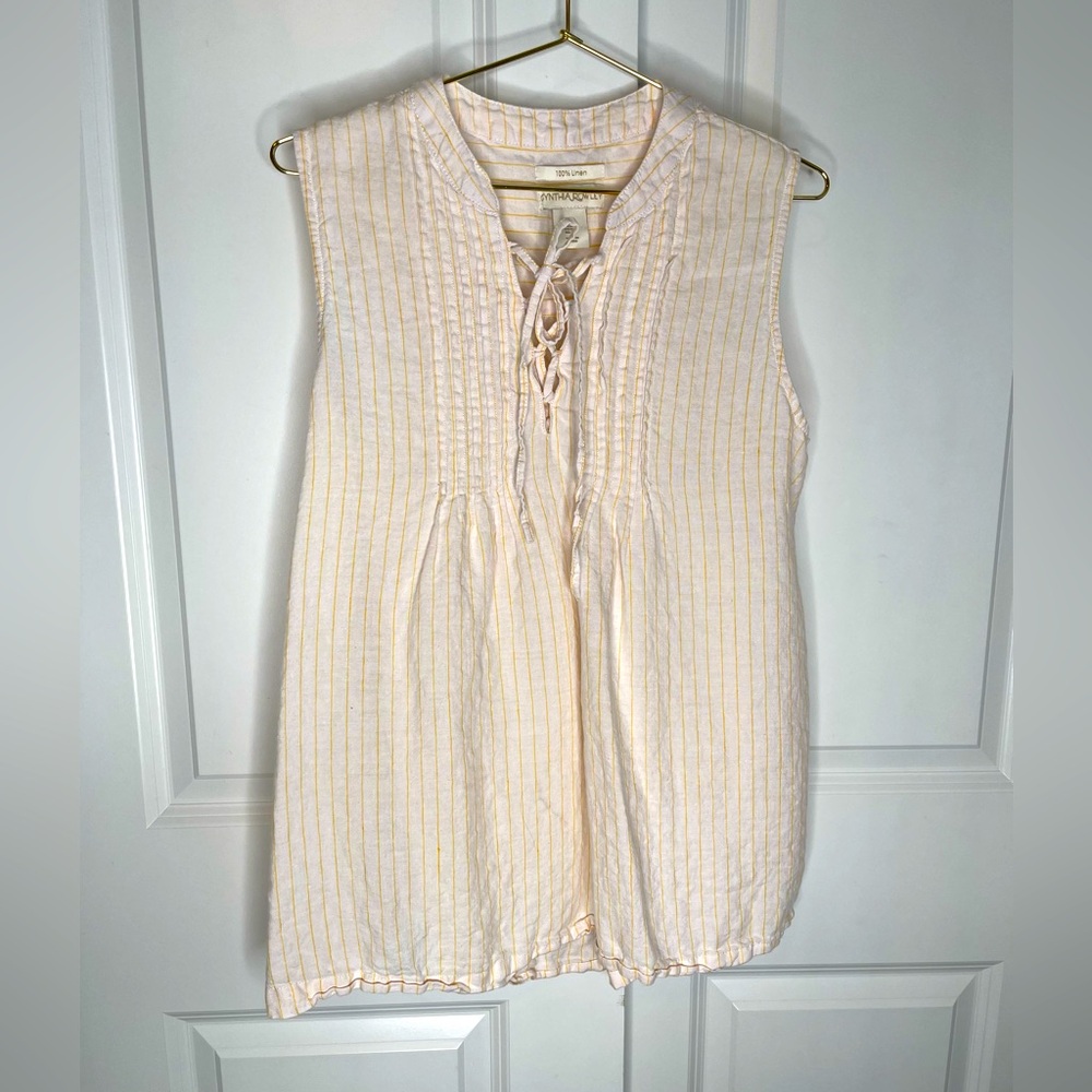 Cynthia Rowley Sleeveless Yellow Stripe Tie Neck 100% Linen Top M B12